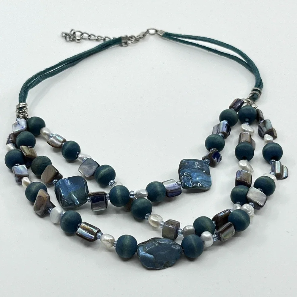 VTG Retro Boho Teal Multi-Strand Necklace Wood Mother Of Pearl Suede Y2K Coastal
